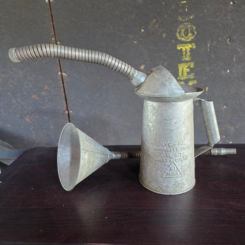 Vtg‎ Lawson Oil Can & Funnel Set Silver Galvanized Flexible Spout Rustic Decor